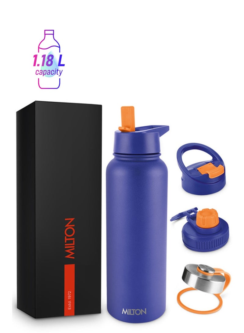 Milton 1180ml Vacuum Insulated Water Bottle with 4 Lids, Keeps Drinks 12 Hrs Hot & 24 Hrs Cold, 18/8 Stainless Steel, Double-Walled Flask with Inner Copper Coating for Sports, Gym - Flassio  - Image 1