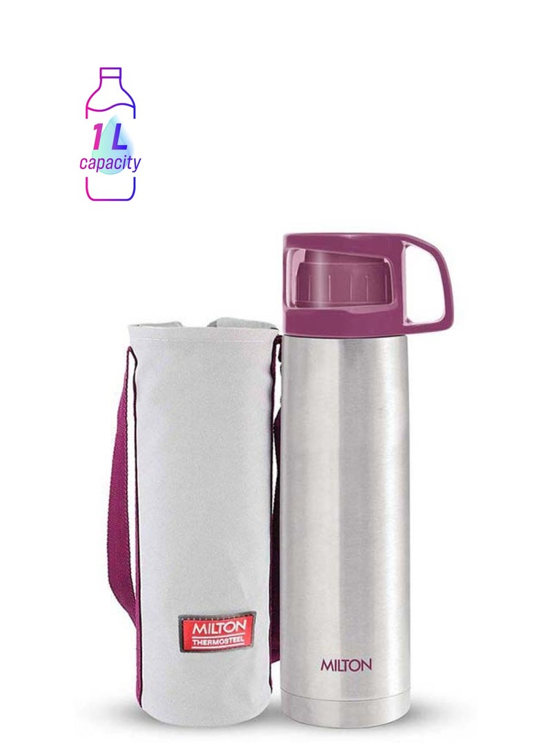 ميلتون 1000ml Thermosteel Flask with Jacket, Keeps Drinks Hot and Cold for 24 Hours, 18/8 Stainless Steel, Double-Walled Vacuum Insulated Water Bottle with Inner Copper Coating - Glassy Pink  - Image 1