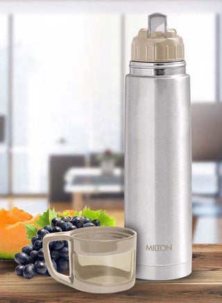 Milton 1 Litre Stainless Steel Water Bottle with Cup – Vacuum Insulated Flask Keeps Drinks Hot or Cold for 24 Hours, Leakproof Metal Flask for Travel, Gym & Sports – Glassy  1000, Grey Grey - view 4