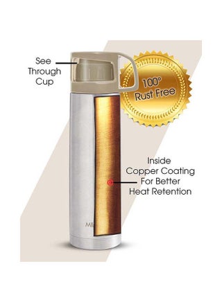 Milton 1 Litre Stainless Steel Water Bottle with Cup – Vacuum Insulated Flask Keeps Drinks Hot or Cold for 24 Hours, Leakproof Metal Flask for Travel, Gym & Sports – Glassy  1000, Grey Grey - view 3