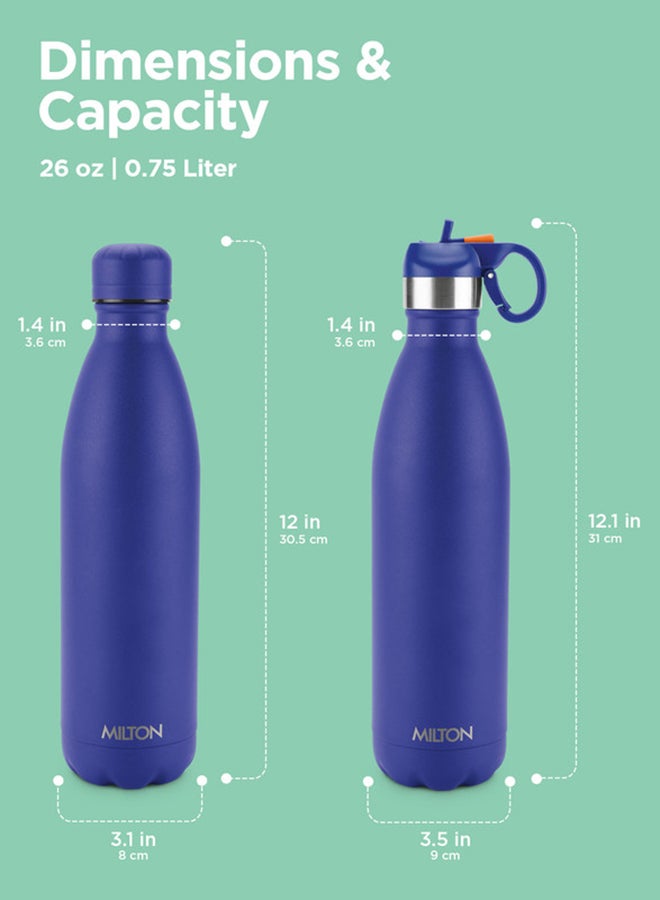 750ml Vacuum Insulated Water Bottle with Straw Lid - 2 lids included, Keeps Drinks Hot & Cold, 18/8 Stainless Steel, Double-Walled Flask with Inner Copper Coating - Sports, Gym - Larvik Blue
