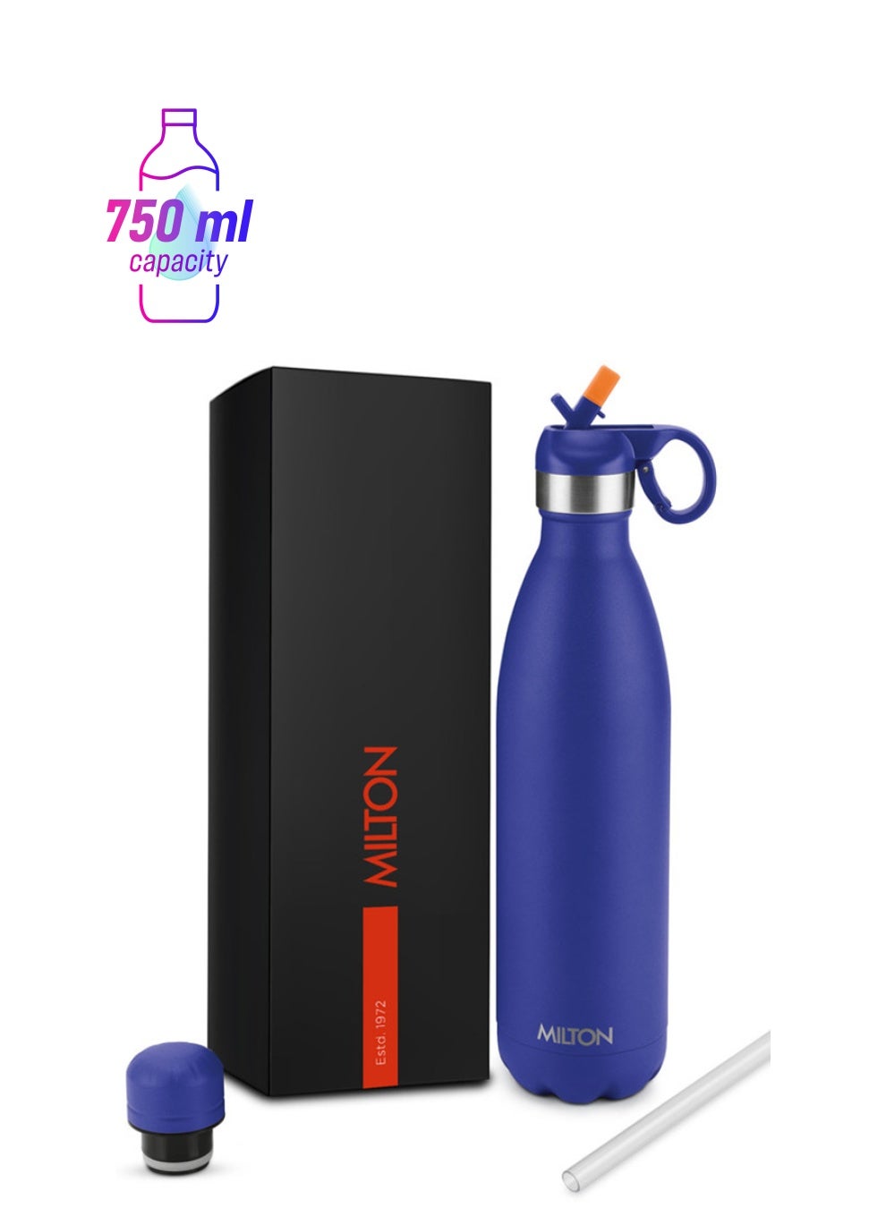 750ml Vacuum Insulated Water Bottle with Straw Lid - 2 lids included, Keeps Drinks Hot & Cold, 18/8 Stainless Steel, Double-Walled Flask with Inner Copper Coating - Sports, Gym - Larvik Blue