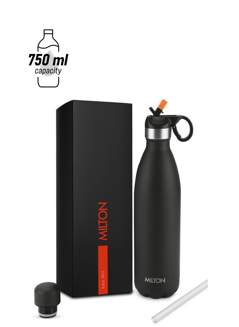 Milton 750ml Vacuum Insulated Water Bottle with Straw Lid - 2 lids included, Keeps Drinks Hot & Cold, 18/8 Stainless Steel, Double-Walled Flask with Inner Copper Coating - Sports, Gym - Larvik Black  - Image 1