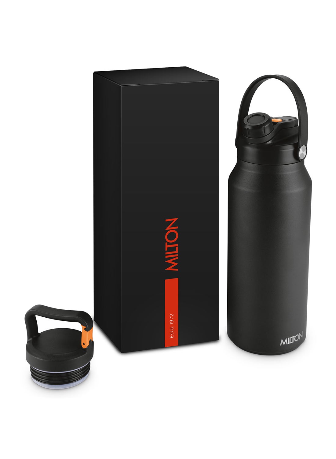 Milton 1.2 Litre (1180 ml) Stainless Steel Water Bottle with Straw Lid - 2 lids Included, Vacuum Insulated, 12 Hour Hot, 24 Hour Cold, Leak Proof, Metal Bottle for Sports, Gym, Ultrasip, Black