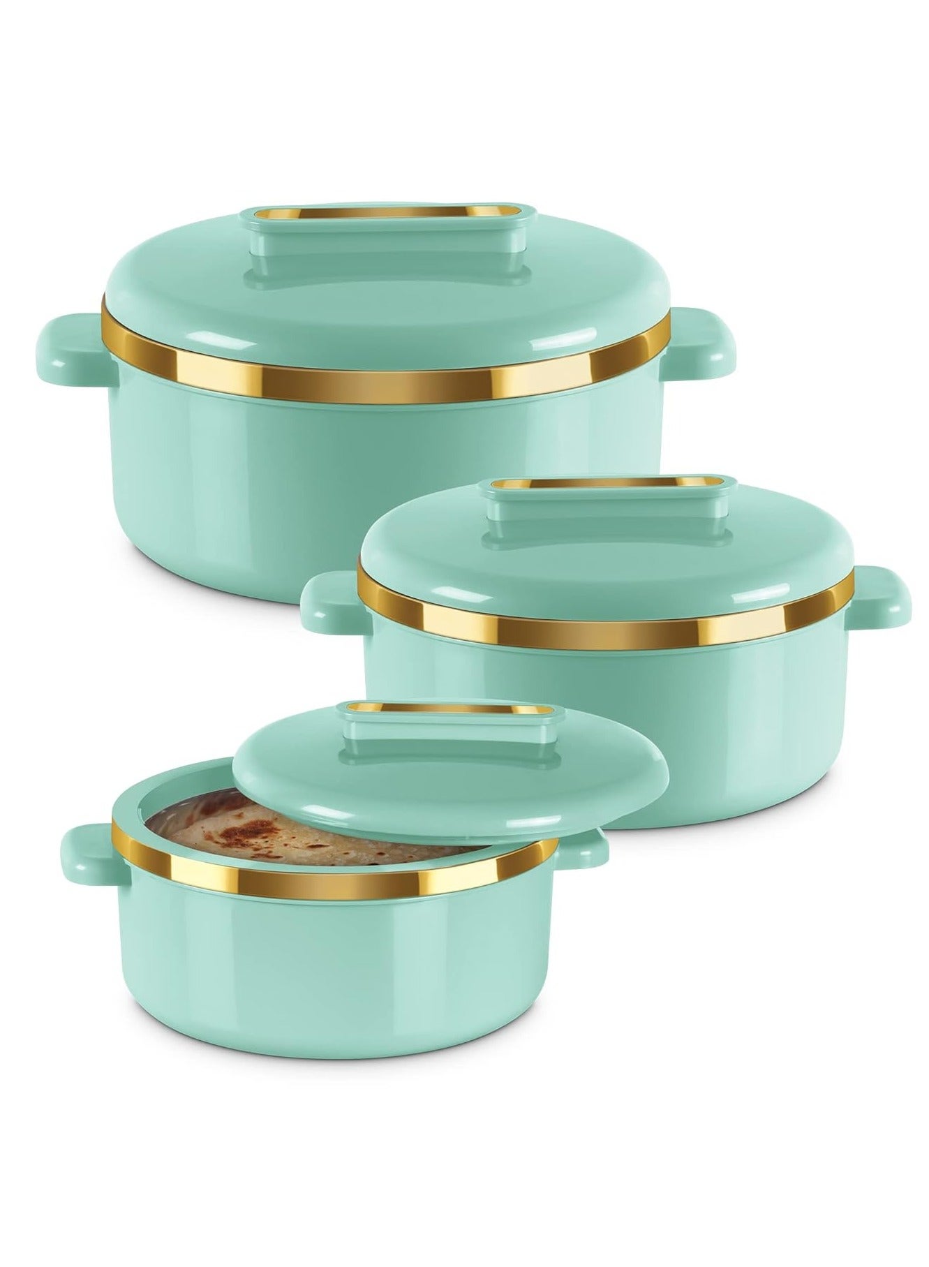 ميلتون Curve Jr. Inner Stainless Steel Casserole Set of 3 (450 ml, 840 ml, 1300 ml), Light Green | BPA Free | Food Grade | Easy to Carry | Easy to Store | Chapati | Roti | Curd Maker Light Green 