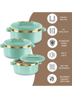 Milton 3-Piece Casserole Set (450ml, 840ml, 1.30L) Double-Walled Hotpot with PU Insulation & Stainless Steel Inner, Keeps Food Hot/Cold, Perfect for Serving Chapati, Roti - Curve Jr Light Green Set of 3  - Image 3