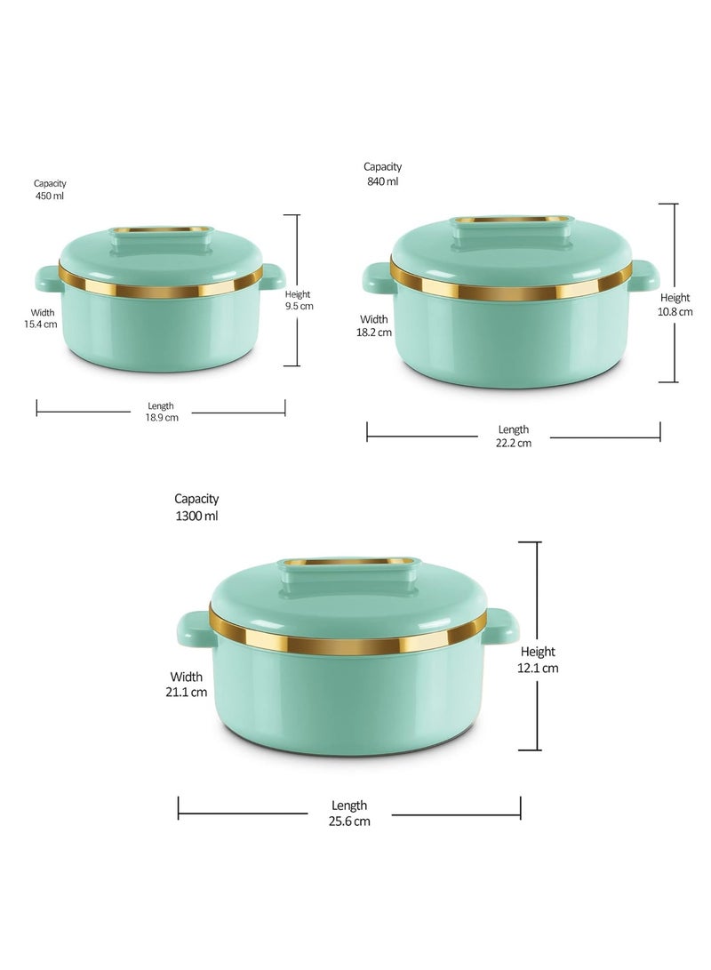 Milton - 3-Piece Casserole Set (450ml, 840ml, 1.30L) Double-Walled Hotpot with PU Insulation & Stainless Steel Inner, Keeps Food Hot/Cold, Perfect for Serving Chapati, Roti - Curve Jr Light Green Set of 3 - Image 1
