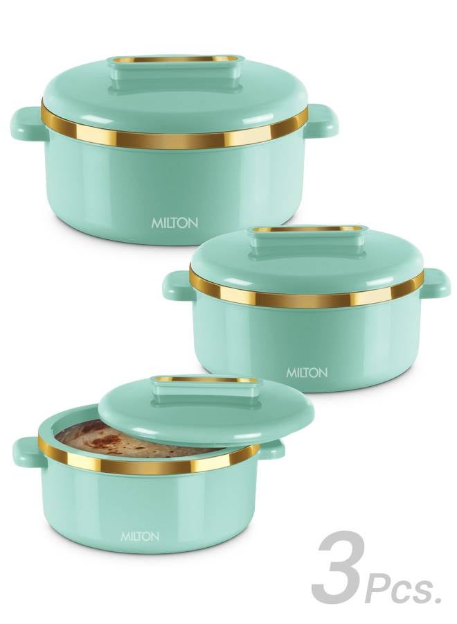ميلتون 3-Piece Casserole Set (450ml, 840ml, 1.30L) Double-Walled Hotpot with PU Insulation & Stainless Steel Inner, Keeps Food Hot/Cold, Perfect for Serving Chapati, Roti - Curve Jr Light Green Set of 3  - Image 1