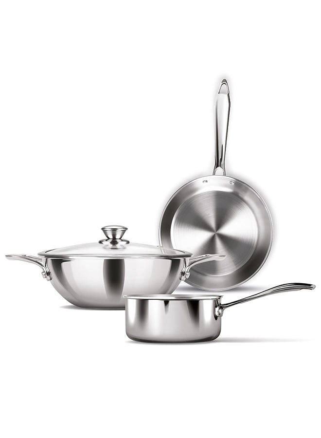 ميلتون Triply Induction Base Cookware Set Of 3 Stainless Steel |Sauce Pan 14 Cm, Fry Pan 24 Cm, Kadhai 24 Cm With Glass Lid 24 Cm, Silver | Dishwasher Safe | Food Safe | Flame Safe Silver - Image 1