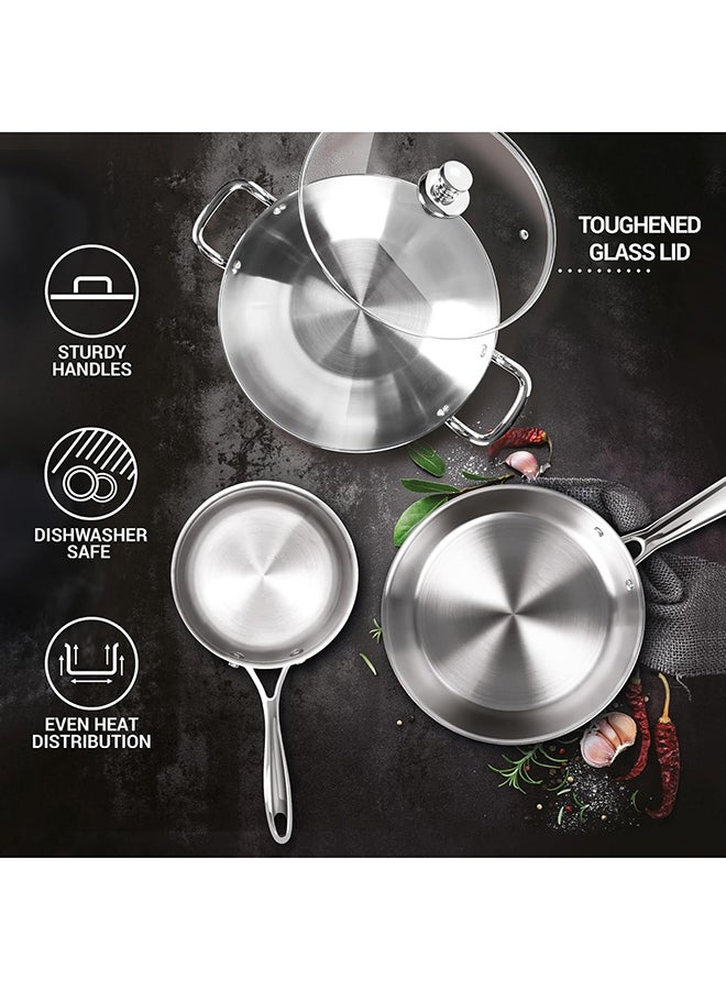 ميلتون Triply Induction Base Cookware Set Of 3 Stainless Steel |Sauce Pan 14 Cm, Fry Pan 24 Cm, Kadhai 24 Cm With Glass Lid 24 Cm, Silver | Dishwasher Safe | Food Safe | Flame Safe Silver - Image 3