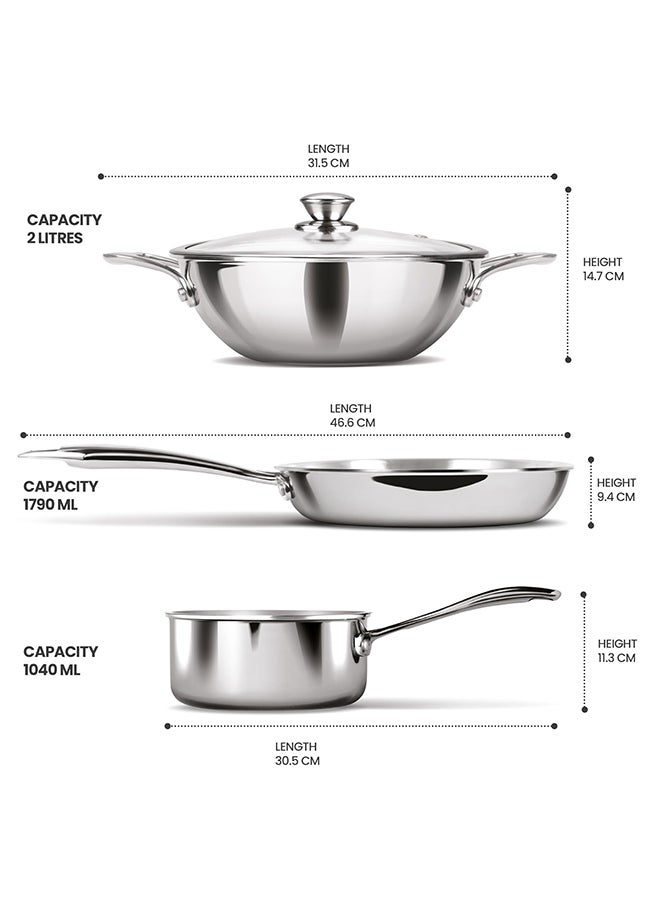 ميلتون Triply Induction Base Cookware Set Of 3 Stainless Steel |Sauce Pan 14 Cm, Fry Pan 24 Cm, Kadhai 24 Cm With Glass Lid 24 Cm, Silver | Dishwasher Safe | Food Safe | Flame Safe Silver - Image 5