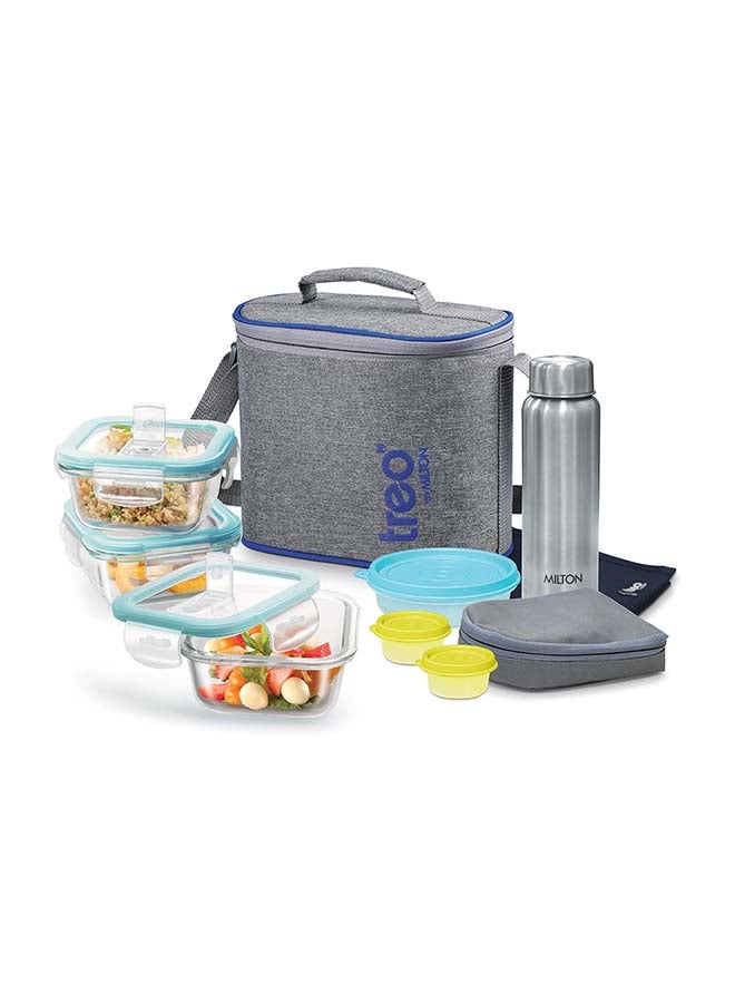 تريو 10-Piece Glass Lunch Box Set with Insulated Bag & Dinning Mat - Includes 3 Square Food Containers (320ml Each), 750ml Steel Bottle, 200ml & 2 Pcs (30ml Each) Boxes - All Fresh Premier Transparent - Image 1
