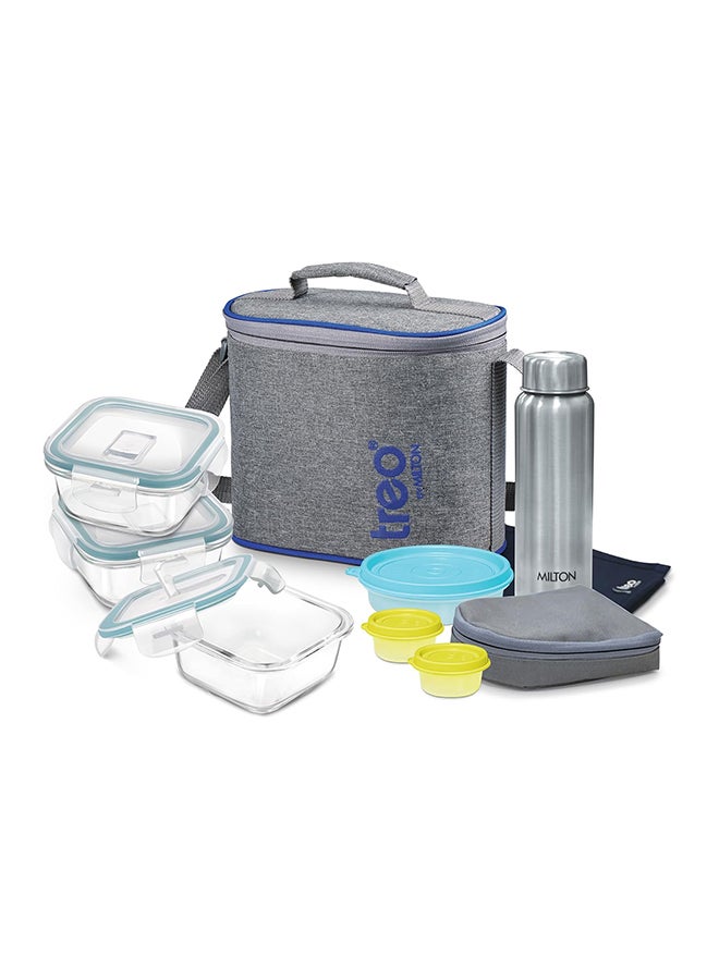 تريو 10-Piece Glass Lunch Box Set with Insulated Bag & Dinning Mat - Includes 3 Square Food Containers (320ml Each), 750ml Steel Bottle, 200ml & 2 Pcs (30ml Each) Boxes - All Fresh Premier Transparent - Image 2