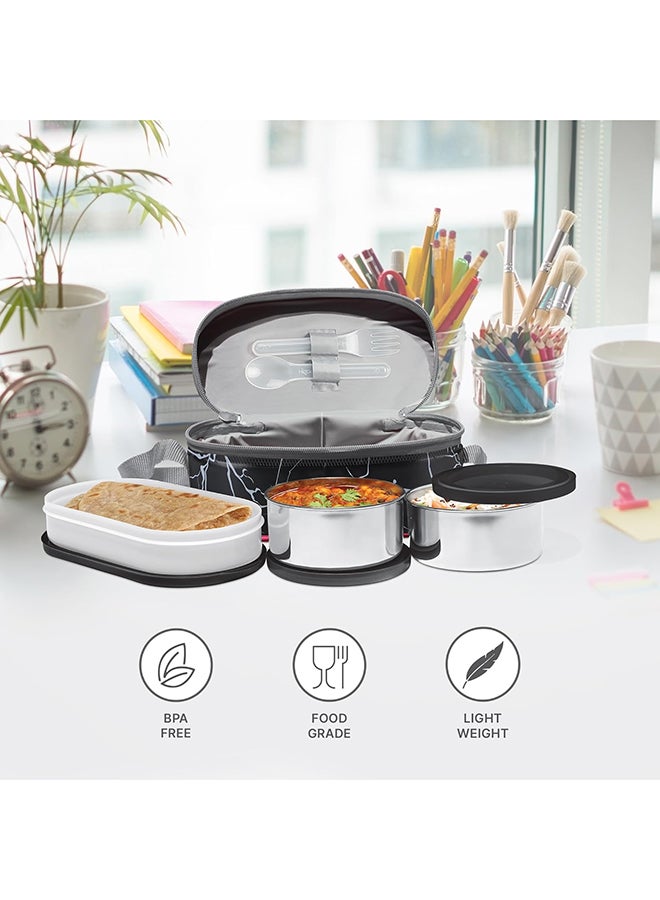 MILTON Executive Lunch Box 2 Inner Steel Round Containers 280ml Each and 1 Microwave Safe Oval Plastic Container, 450ml with Insulated Bag, Office Tiffin, Leakproof, Easy to Carry, Black Black - Image 2