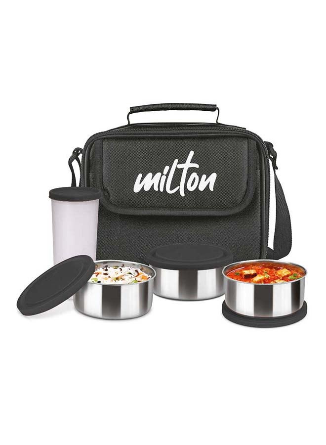 Milton New Steel Combi Lunch Box, With Jacket, Set Of 4, 3 Containers, 280 Ml Each, And 1 Tumbler, 400 Ml | Food Grade | Light Weight | Dishwasher Safe | Easy To Carry | Leak Proof Black 