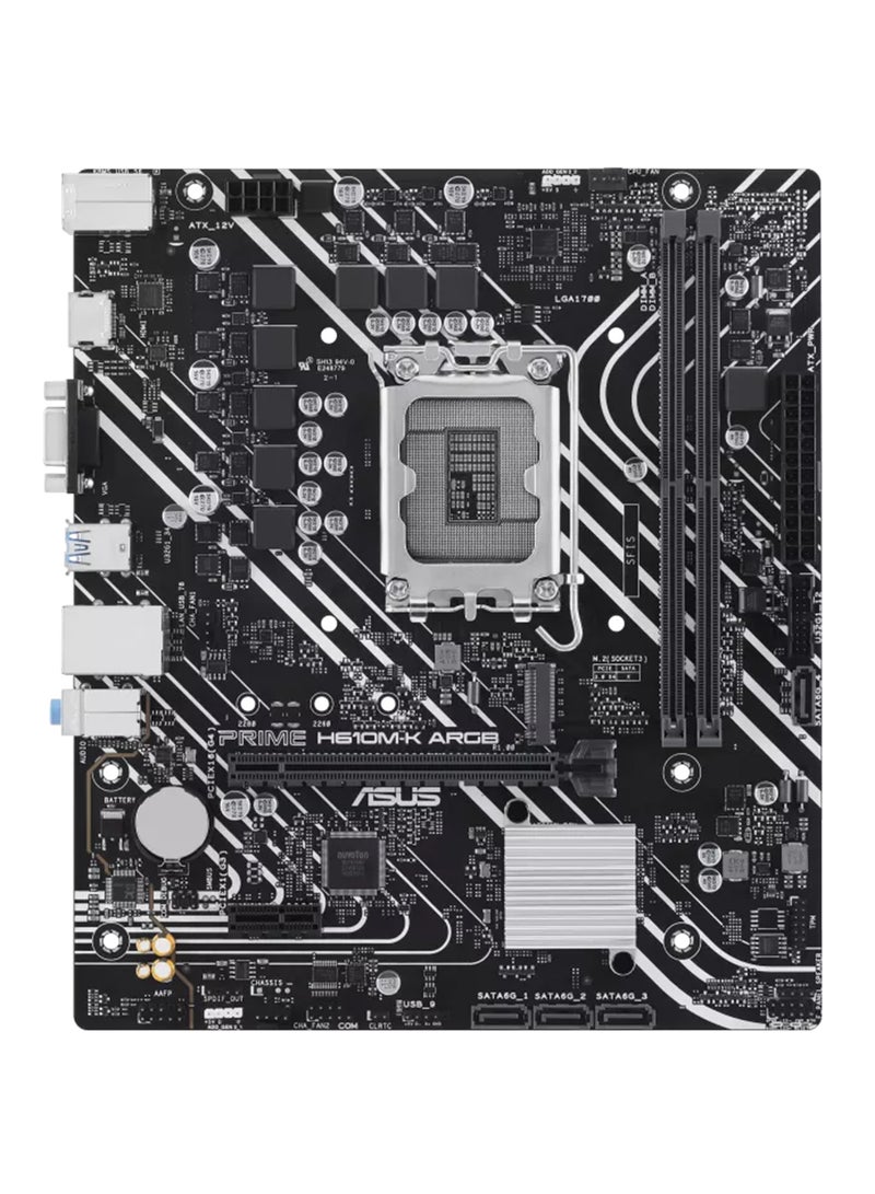ASUS Prime H610M-K ARGB micro-ATX Motherboard DDR5 Support LGA 1700, PCIe 4.0, M.2 Slot, Realtek 1Gb Ethernet, 1*HDMI, 1*VGA,USB 3.2 Gen 1, 4*SATA 6Gb/s ports, Aura Sync,  5X Protection III | 90MB1G90-M0EAY0 Black  - Image 1