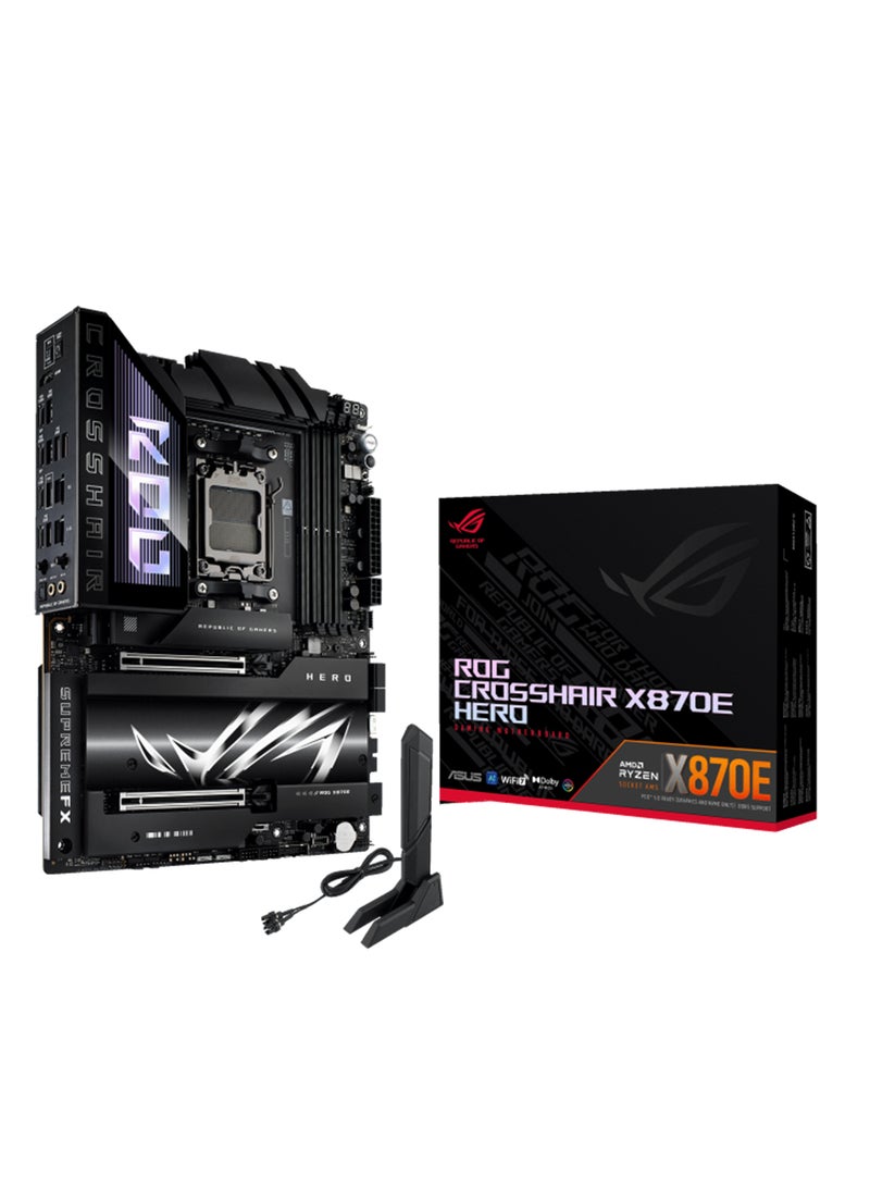 ASUS - ROG CROSSHAIR X870E HERO ATX Motherboard, AMD X870E Chipset, AM5 Socket, 4*DIMM DDR5 192GB Max Memory, 4*M.2, 2*PCIe 5.0*16, Dual Ethernet & Wi-Fi 7, Bluetooth v5.4, 1*HDMI, Dual USB4, EZ PC DIY, Teamed Power Solution, Polymo Lighting II, Exclusive AI Technologies, Overclocking Technologies | 90MB1IE0-M0EAY0 Black - Image 1