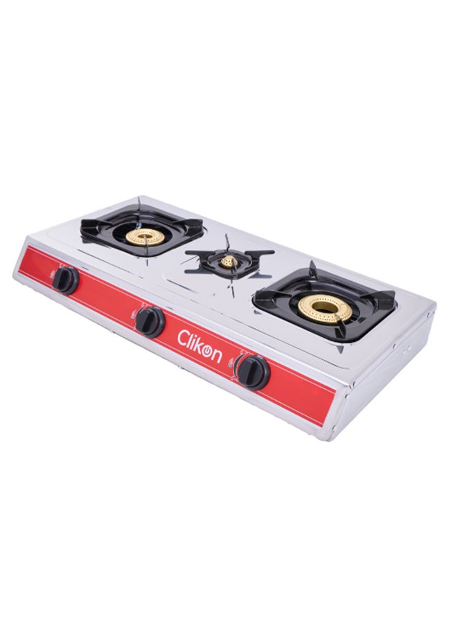Clikon - 3-Burner Stainless Steel Gas Cooktop/Stove CK4253 Silver/Red - Image 1