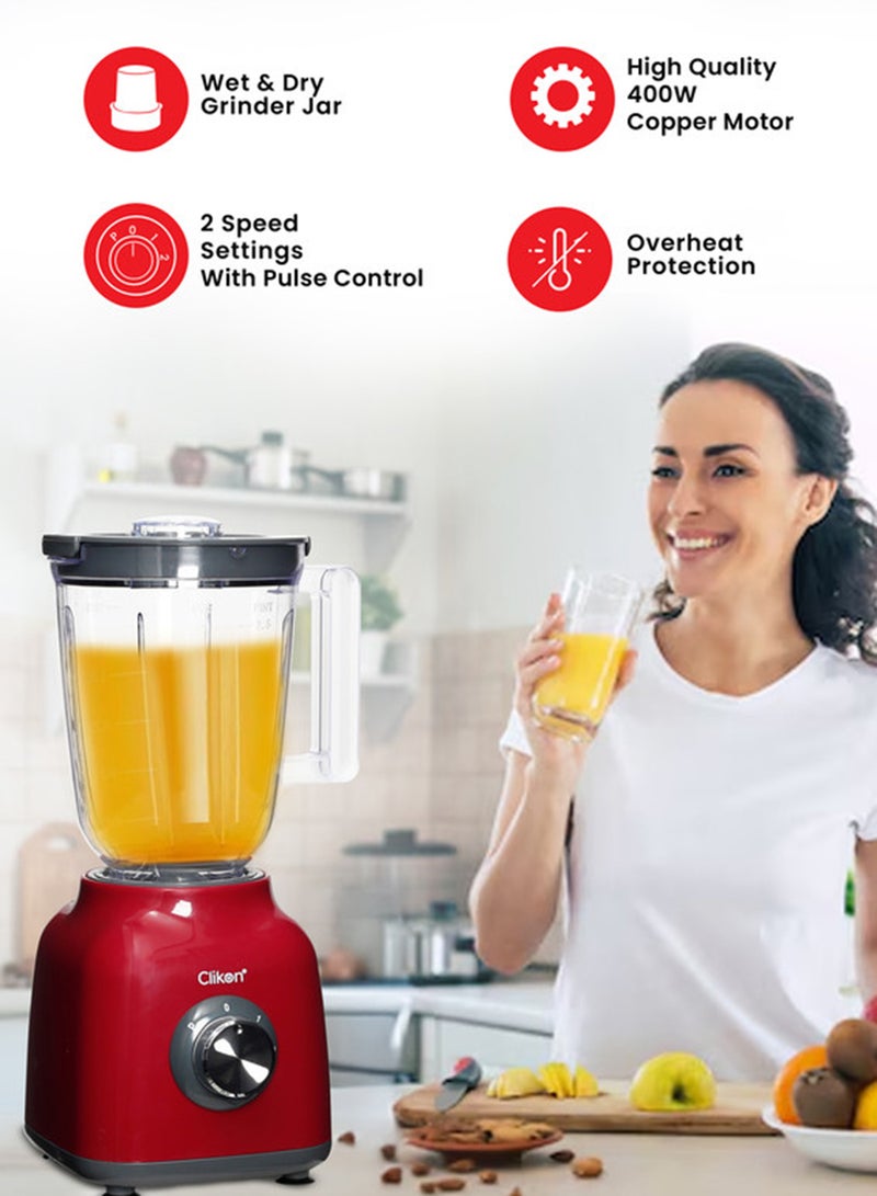 Clikon 2 in 1 Blender With Powerful Copper Motor and 1.5l Unbreakable Jar 1.5 L 400 W CK2294 Red - Image 2