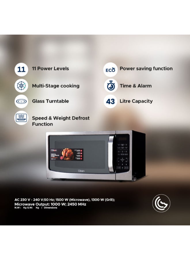43 L Digital Microwave Oven With 11 Power Levels and Multi stage Cooking Function, Speed & Weight Defrost Function, Digital Touch Control, Child Safety-Lock, Touch Control Panel 43 L 1500 W CK4330 Black