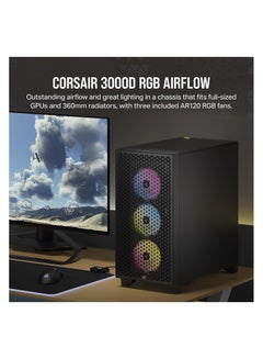 كورسير 3000D RGB Airflow Mid-Tower PC Case - Black - 3X AR120 RGB Fans - Four-Slot GPU Support – Fits up to 8X 120mm Fans - High Airflow Design  - Image 2