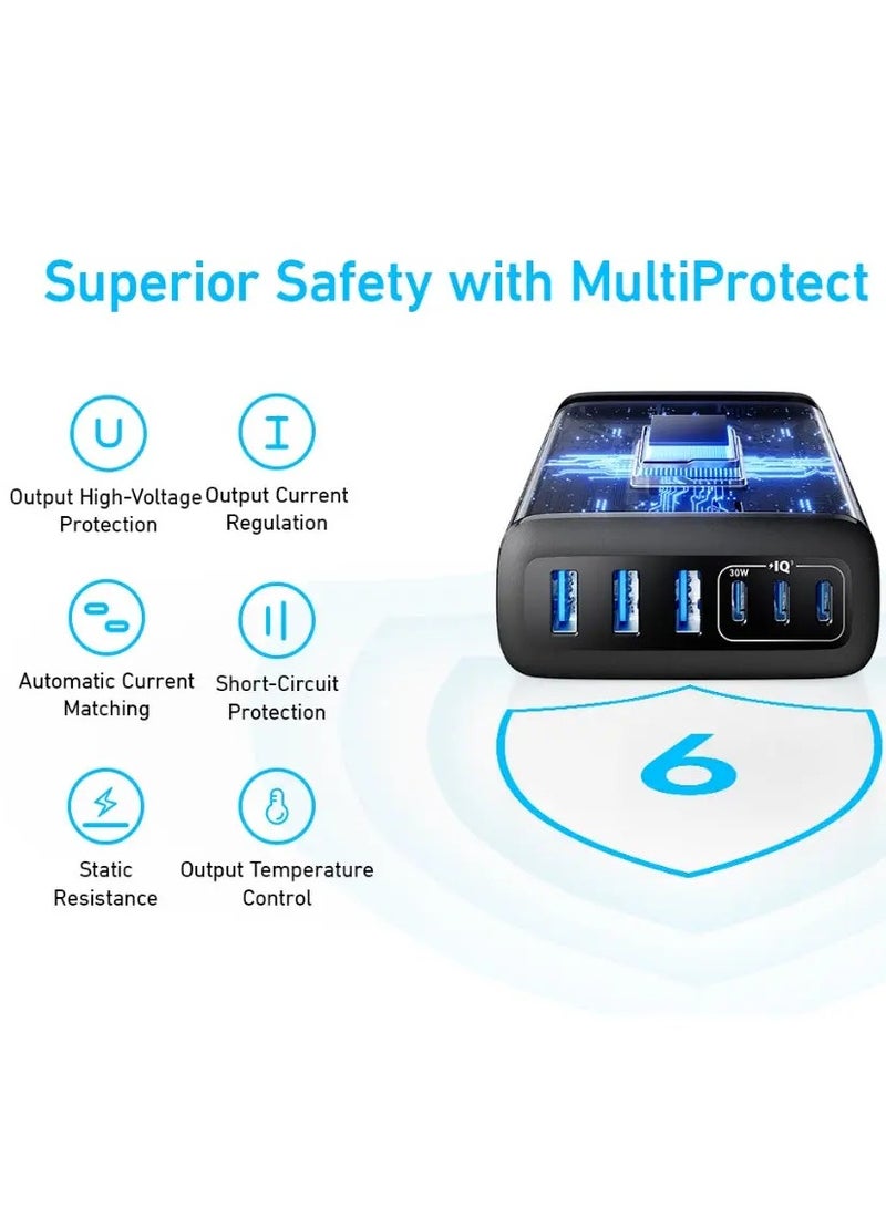 Anker - USB C Charger, 6 Port Charging Station with 112W Power, for iPhone 16/15/14/13/12 Series, MacBook, Galaxy, iPad, and Samsung S25/S24 (Cable Not Included) Black - Image 1