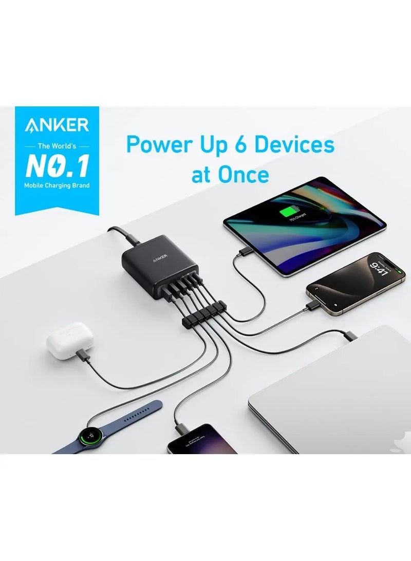 Anker - USB C Charger, 6 Port Charging Station with 112W Power, for iPhone 16/15/14/13/12 Series, MacBook, Galaxy, iPad, and Samsung S25/S24 (Cable Not Included) Black - Image 1