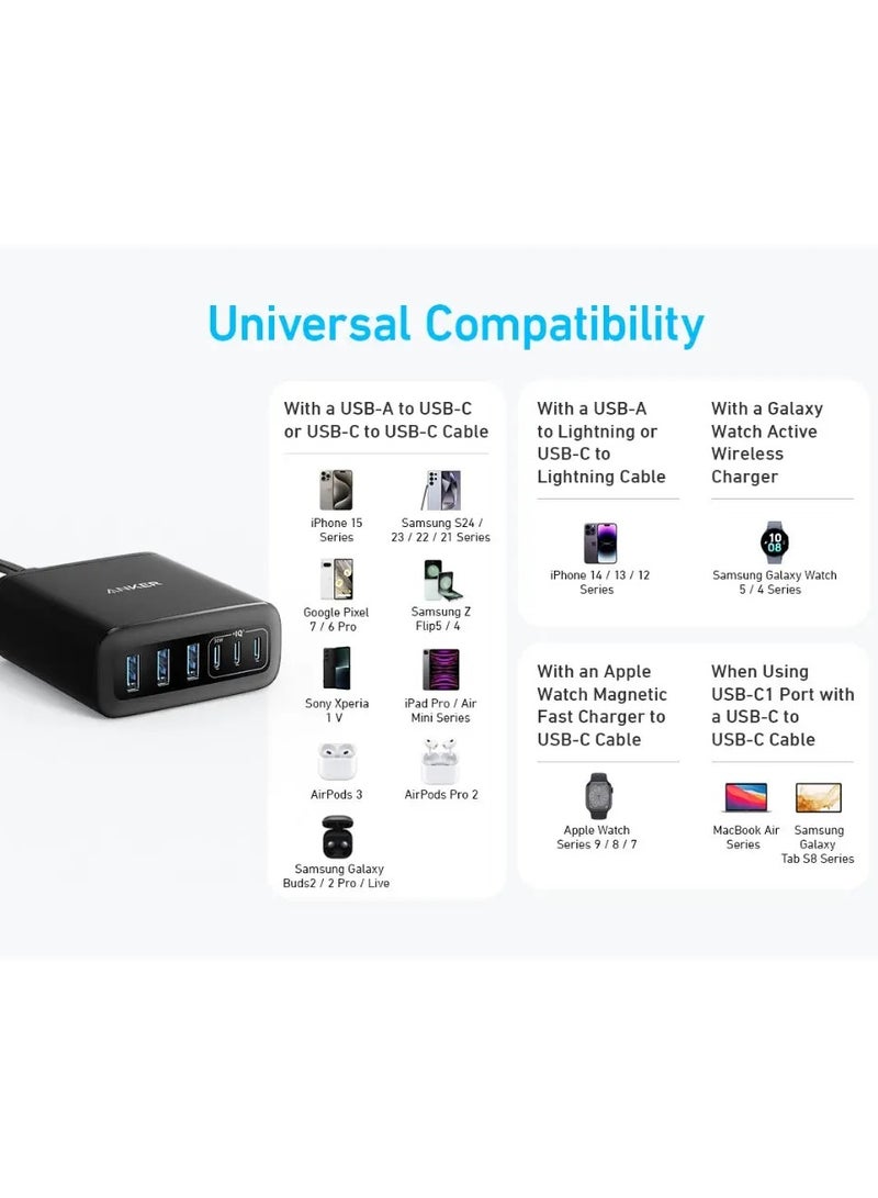Anker - USB C Charger, 6 Port Charging Station with 112W Power, for iPhone 16/15/14/13/12 Series, MacBook, Galaxy, iPad, and Samsung S25/S24 (Cable Not Included) Black - Image 1