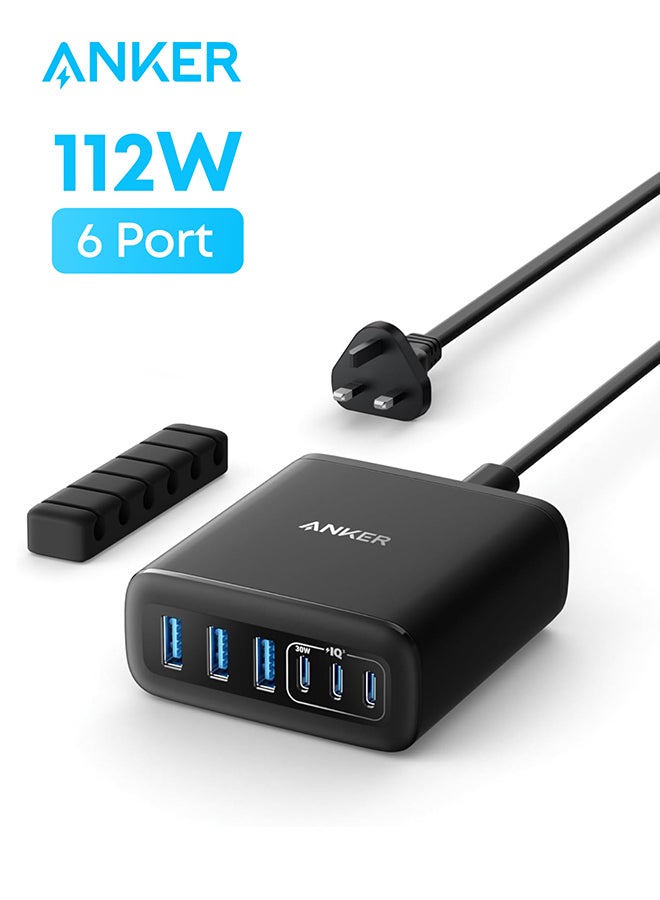 USB C Charger, 6 Port Charging Station with 112W Power, for iPhone 16/15/14/13/12 Series, MacBook, Galaxy, iPad, and Samsung S25/S24 (Cable Not Included) Black