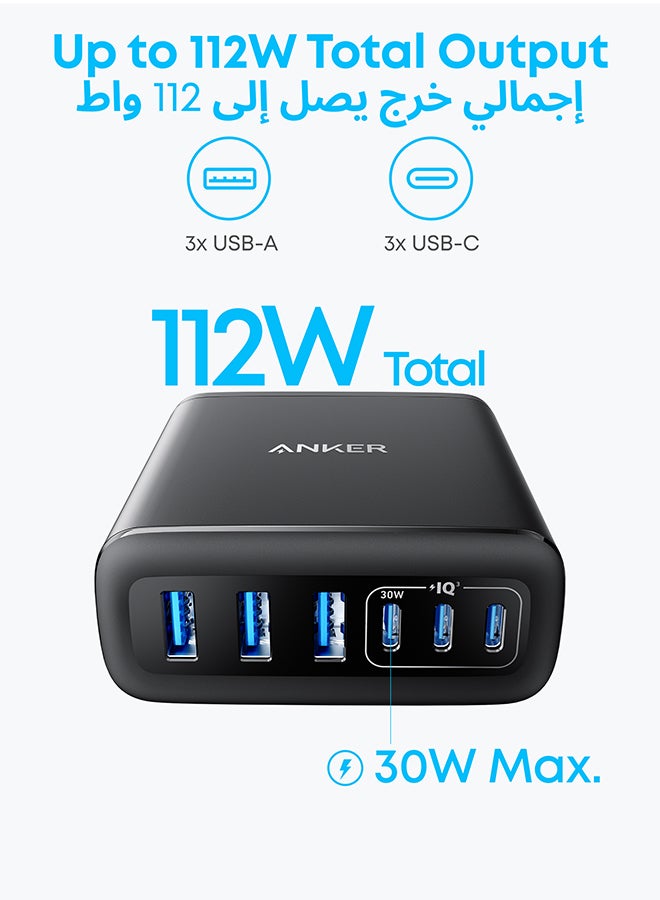 USB C Charger, 6 Port Charging Station with 112W Power, for iPhone 16/15/14/13/12 Series, MacBook, Galaxy, iPad, and Samsung S25/S24 (Cable Not Included) Black