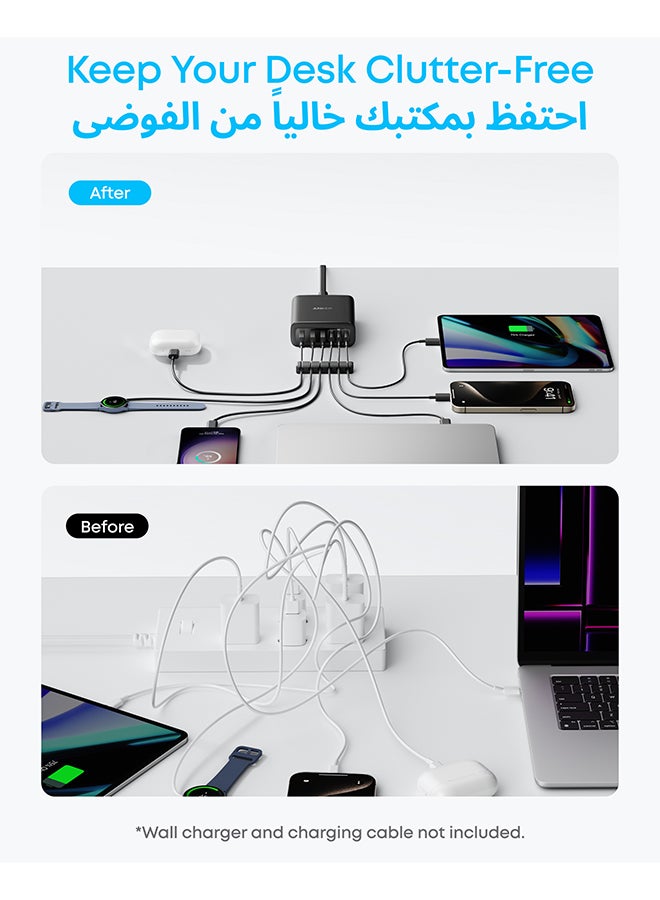 USB C Charger, 6 Port Charging Station with 112W Power, for iPhone 16/15/14/13/12 Series, MacBook, Galaxy, iPad, and Samsung S25/S24 (Cable Not Included) Black