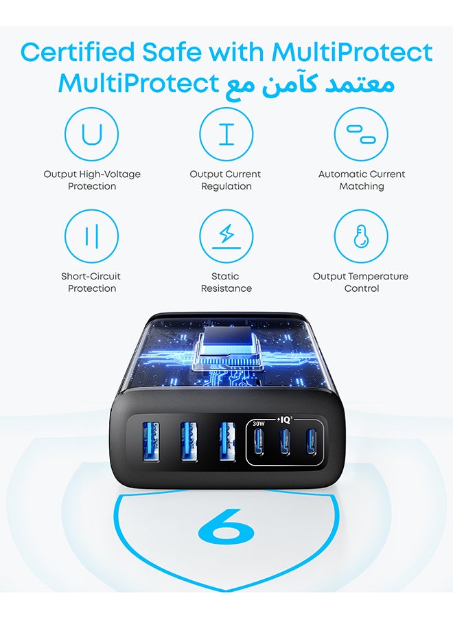 USB C Charger, 6 Port Charging Station with 112W Power, for iPhone 16/15/14/13/12 Series, MacBook, Galaxy, iPad, and Samsung S25/S24 (Cable Not Included) Black