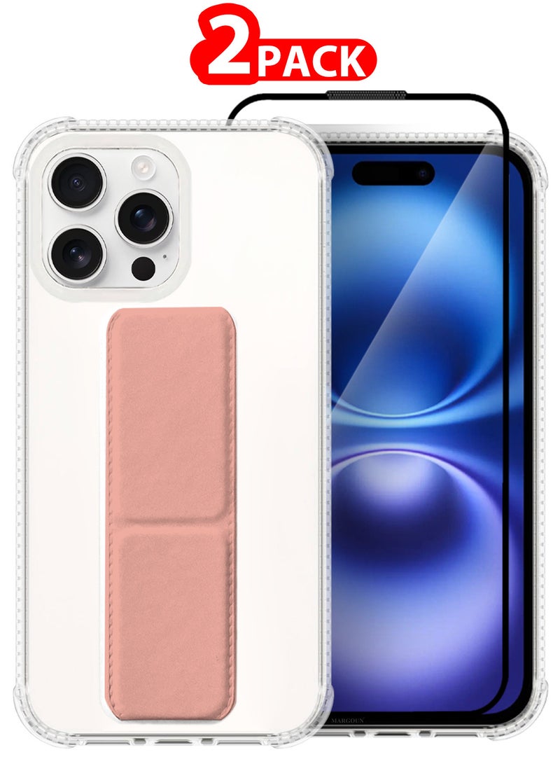 MARGOUN ( for iPhone 16 Pro ) 2 Pack, Case and Screen Protector, with Phone Grip and Expanding Stand, Kickstand Fully Protective Cover with Phone Grip Holder Pink - Image 1