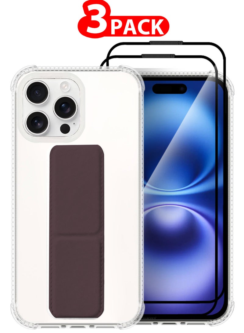مارجون ( for iPhone 16 Pro Max ) 3 Pack, 1 Case and 2 Screen Protectors, with Phone Grip and Expanding Stand, Kickstand Fully Protective Cover with Phone Grip Holder Merlot - Image 1