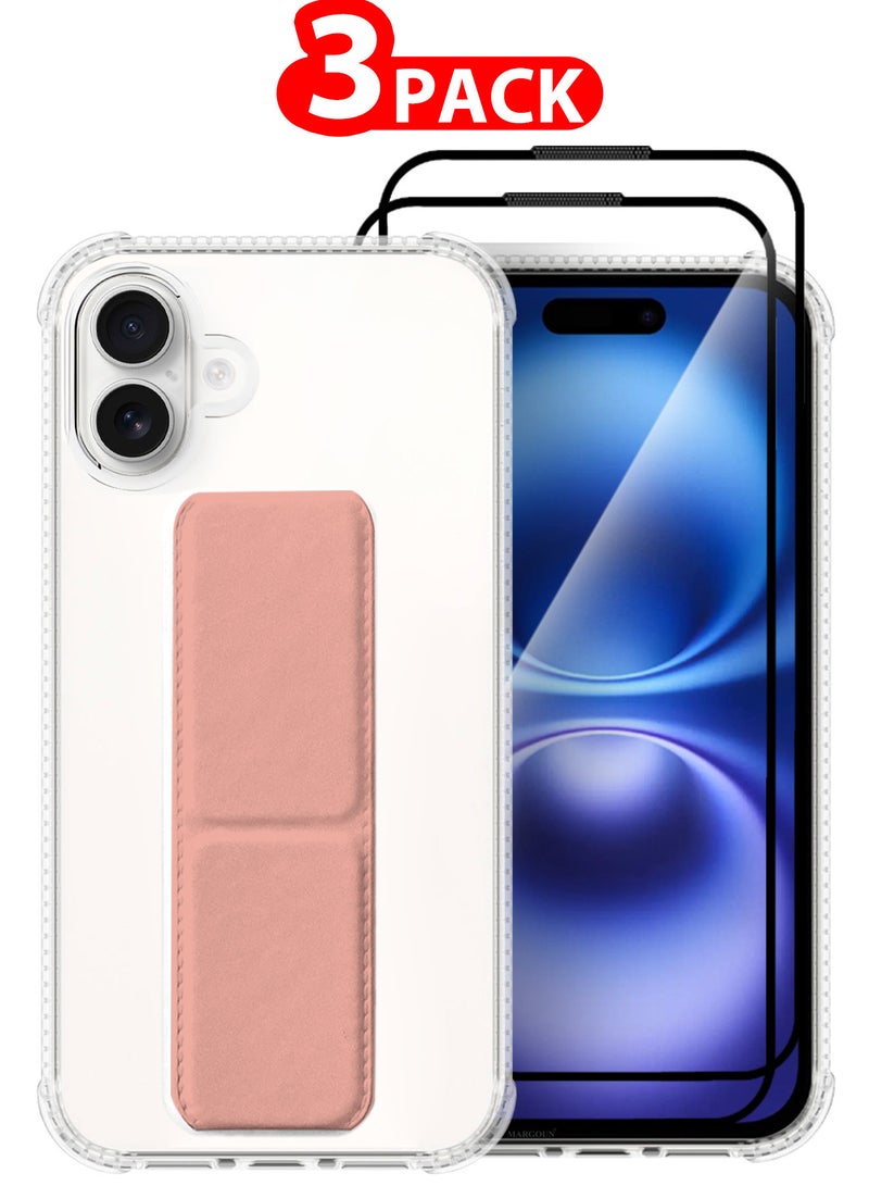 MARGOUN ( for iPhone 16 Plus ) 3 Pack, 1 Case and 2 Screen Protectors, with Phone Grip and Expanding Stand, Kickstand Fully Protective Cover with Phone Grip Holder Pink - Image 1
