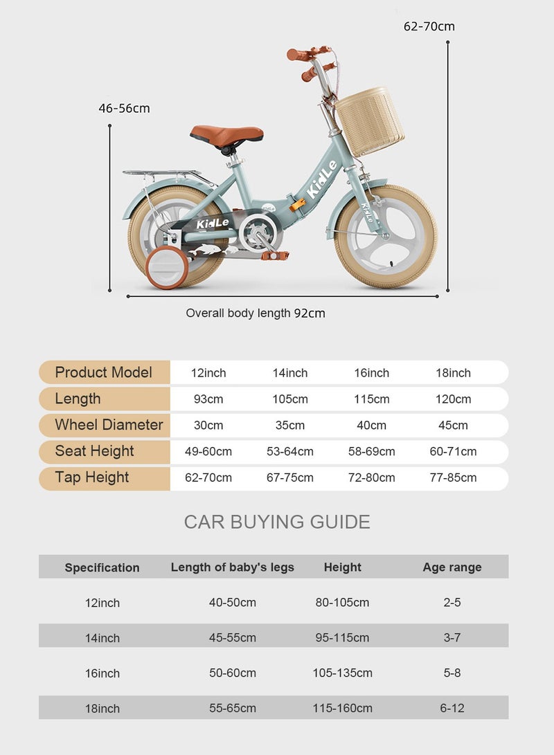 Kidle - Kids Bike Foldable Bicycle 12-18 Inch, Children Bikes for 3-12 Years Boys and Girls Balance Bike, With Training wheel, Passenger Rear Seat and Basket Bicycle 12inch - Image 1