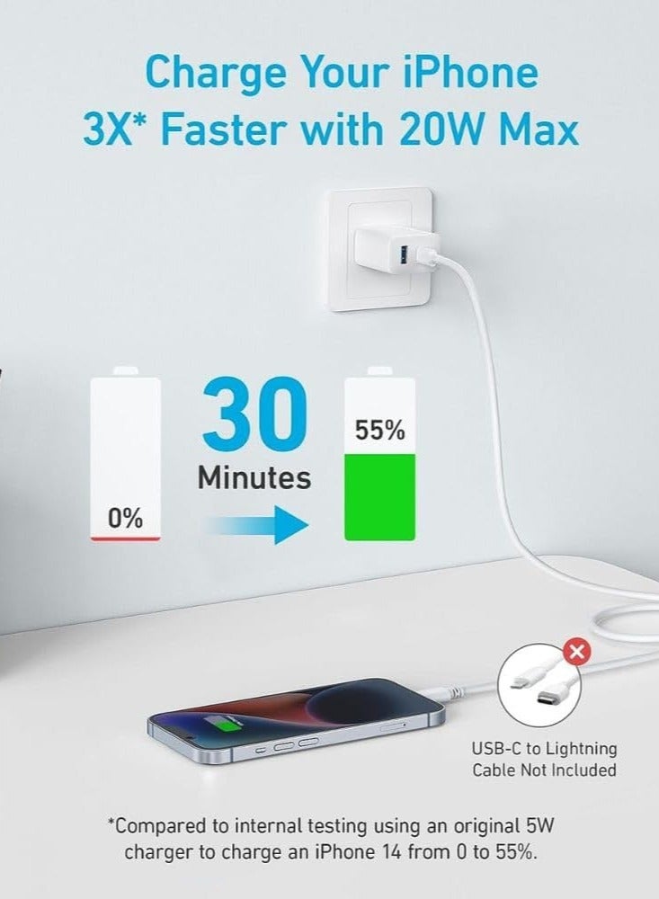 Anker - USB C Plug, iPhone Charger, 20W Dual Port USB Fast Wall Charger, USB C Charger Block for iPhone 15/15 Pro/15 Pro Max/14/13/12, iPad Pro, AirPods, and More (Cable Not Included) White - Image 1