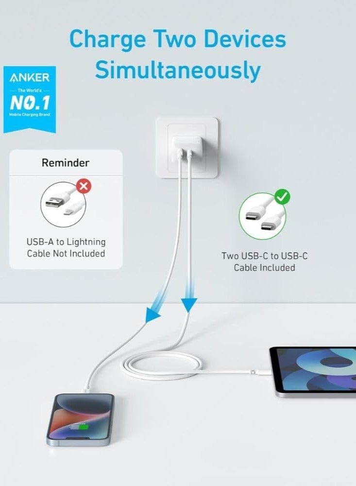 Anker - USB C Plug, iPhone Charger, 20W Dual Port USB Fast Wall Charger, USB C Charger Block for iPhone 15/15 Pro/15 Pro Max/14/13/12, iPad Pro, AirPods, and More (Cable Not Included) White - Image 1