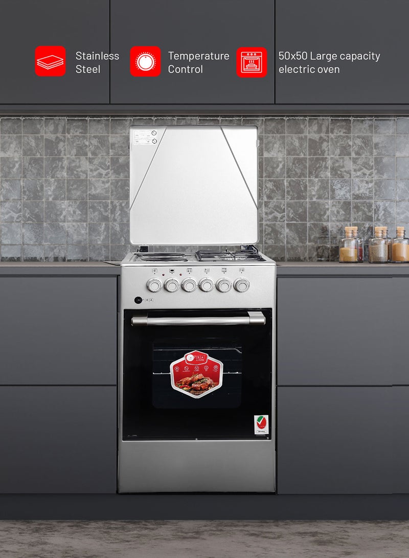 عفرا 50x50 cm Free-Standing Gas & Electric Cooking Range, 2 Gas Burners + 2 Electric Hotplates, Inox Top, Thermostat-Controlled Electric Oven, Full Safety, Storage Drawer | 2-Year Warranty AF-5050CRHG Stainless Steel  - Image 2