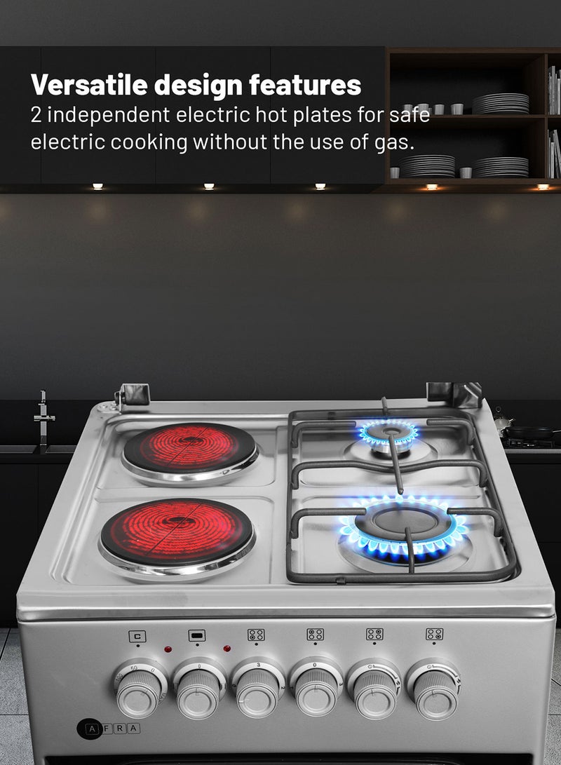 عفرا 50x50 cm Free-Standing Gas & Electric Cooking Range, 2 Gas Burners + 2 Electric Hotplates, Inox Top, Thermostat-Controlled Electric Oven, Full Safety, Storage Drawer | 2-Year Warranty AF-5050CRHG Stainless Steel  - Image 3