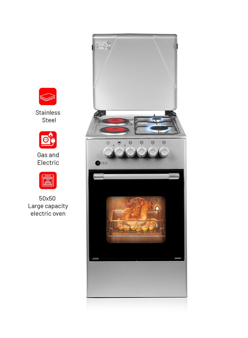 عفرا 50x50 cm Free-Standing Gas & Electric Cooking Range, 2 Gas Burners + 2 Electric Hotplates, Inox Top, Thermostat-Controlled Electric Oven, Full Safety, Storage Drawer | 2-Year Warranty AF-5050CRHG Stainless Steel  - Image 1