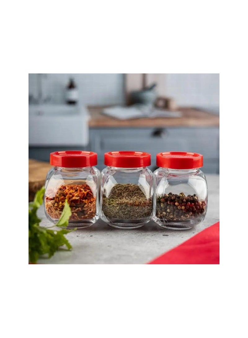 Pasabahce Bella Glass Spice Jar Set of 3 Jars with Red Cover 200ml -Turkey Made