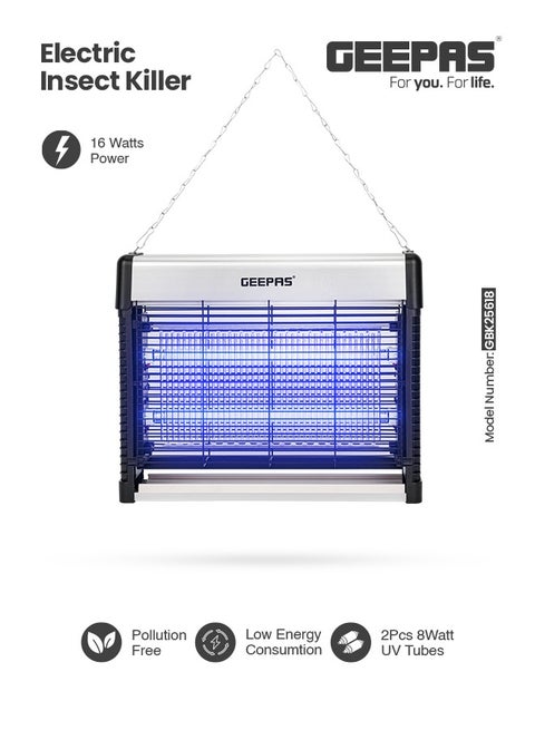 Electric Insect Killer with 8 x 2W UV Tubes, Advanced Technology, Pollution-Free Operation, Low Power Consumption/No Toxic Fumes or Vapor Easy Install and Clean, Fly Catcher for Home, Hotels & Offices, Insect Control 16 W GBK25618 Grey/Black