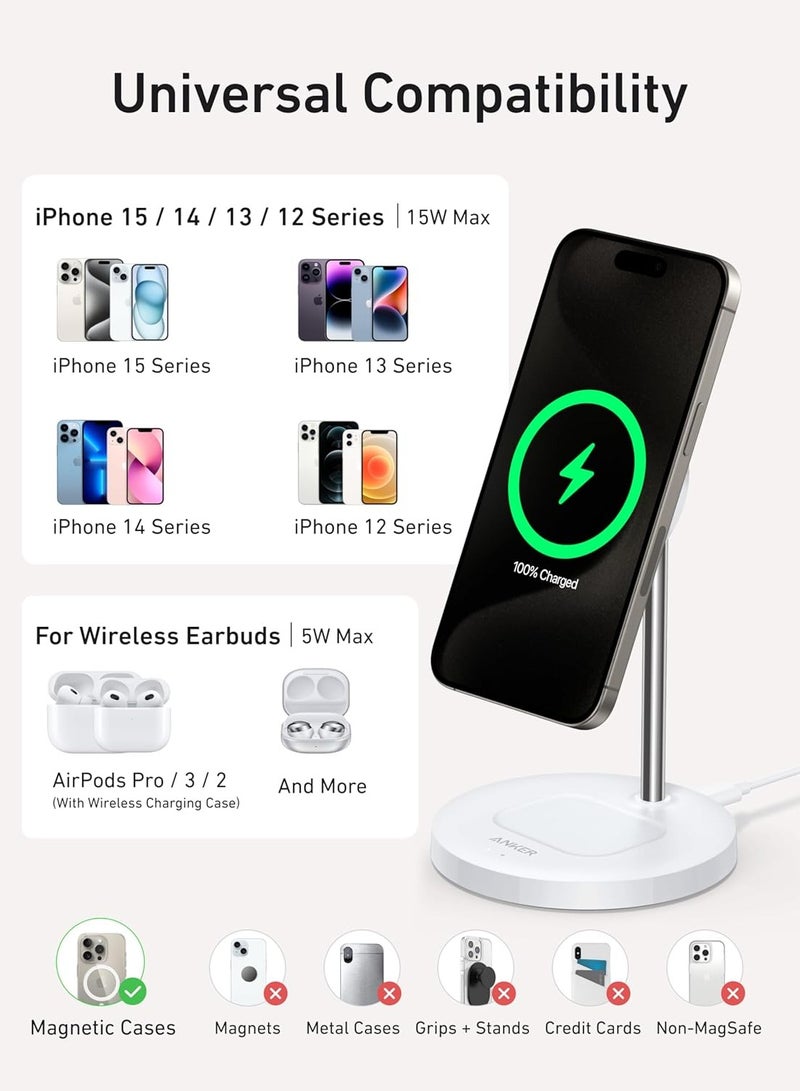 Anker - Upgraded Anker MagSafe Compatible Charger Stand, MagGo 2-in-1 Charging Station, Qi2 Certified 15W Wireless Charger Stand, for iPhone 15/14/13/12, AirPods Pro (No AC Adapter) White - Image 1
