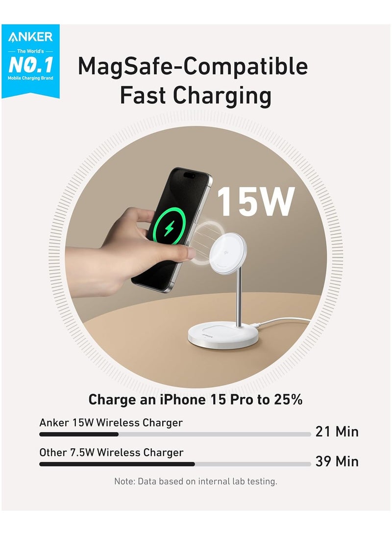 Anker - Upgraded Anker MagSafe Compatible Charger Stand, MagGo 2-in-1 Charging Station, Qi2 Certified 15W Wireless Charger Stand, for iPhone 15/14/13/12, AirPods Pro (No AC Adapter) White - Image 1