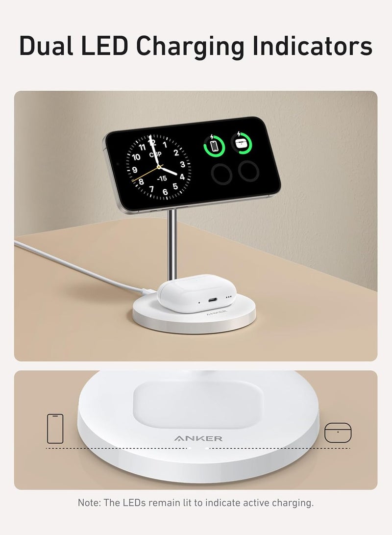 Anker - Upgraded Anker MagSafe Compatible Charger Stand, MagGo 2-in-1 Charging Station, Qi2 Certified 15W Wireless Charger Stand, for iPhone 15/14/13/12, AirPods Pro (No AC Adapter) White - Image 1