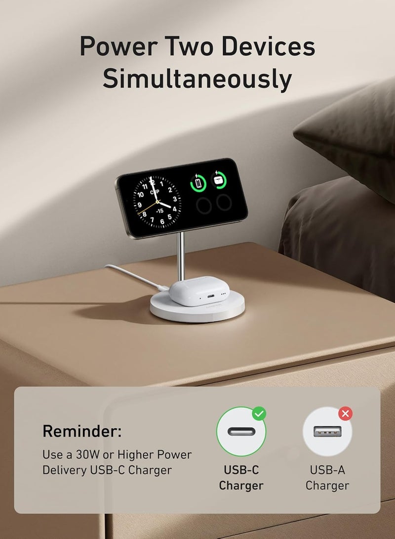 Anker - Upgraded Anker MagSafe Compatible Charger Stand, MagGo 2-in-1 Charging Station, Qi2 Certified 15W Wireless Charger Stand, for iPhone 15/14/13/12, AirPods Pro (No AC Adapter) White - Image 1
