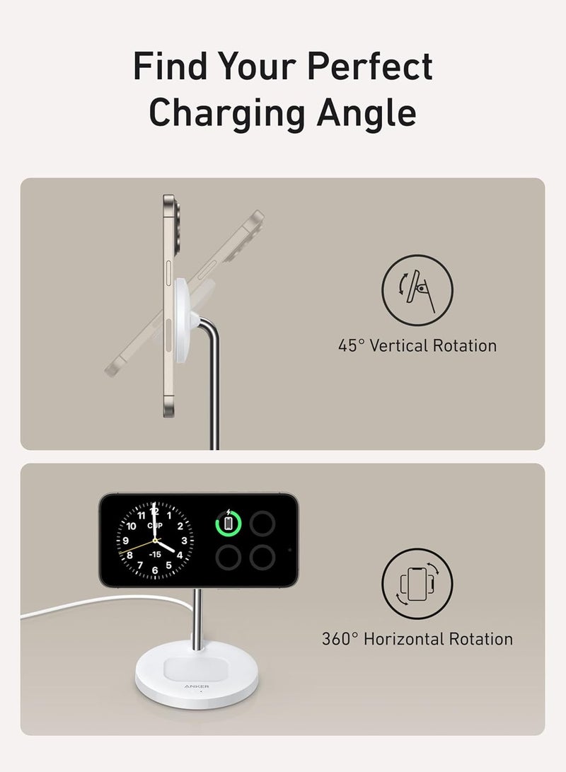 Anker - Upgraded Anker MagSafe Compatible Charger Stand, MagGo 2-in-1 Charging Station, Qi2 Certified 15W Wireless Charger Stand, for iPhone 15/14/13/12, AirPods Pro (No AC Adapter) White - Image 1
