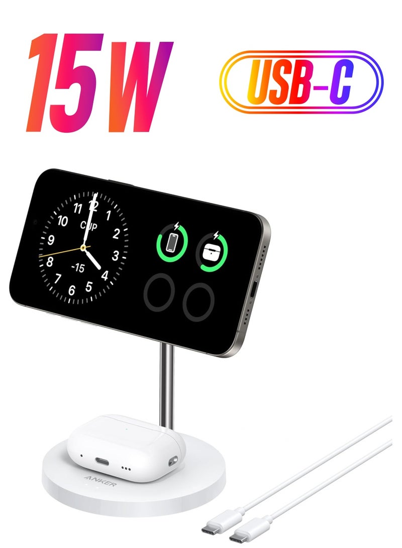 Anker - Upgraded Anker MagSafe Compatible Charger Stand, MagGo 2-in-1 Charging Station, Qi2 Certified 15W Wireless Charger Stand, for iPhone 15/14/13/12, AirPods Pro (No AC Adapter) White - Image 1