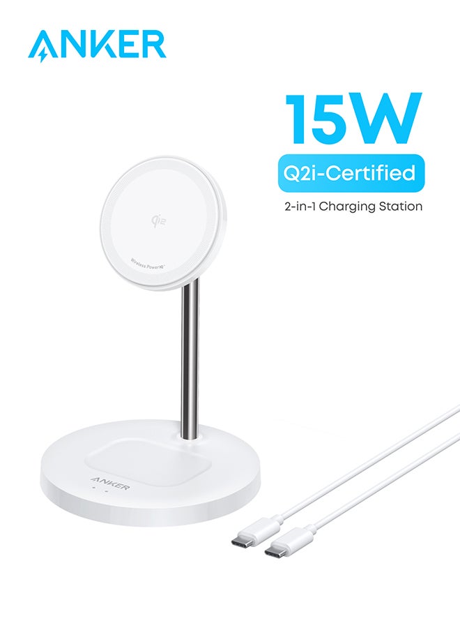 Anker Upgraded MagSafe Compatible Charger Stand, MagGo 2-in-1 Charging Station, Qi2 Certified 15W Wireless Charger Stand, for iPhone 16/15/14/13/12, AirPods Pro (No AC Adapter) White  - Image 1